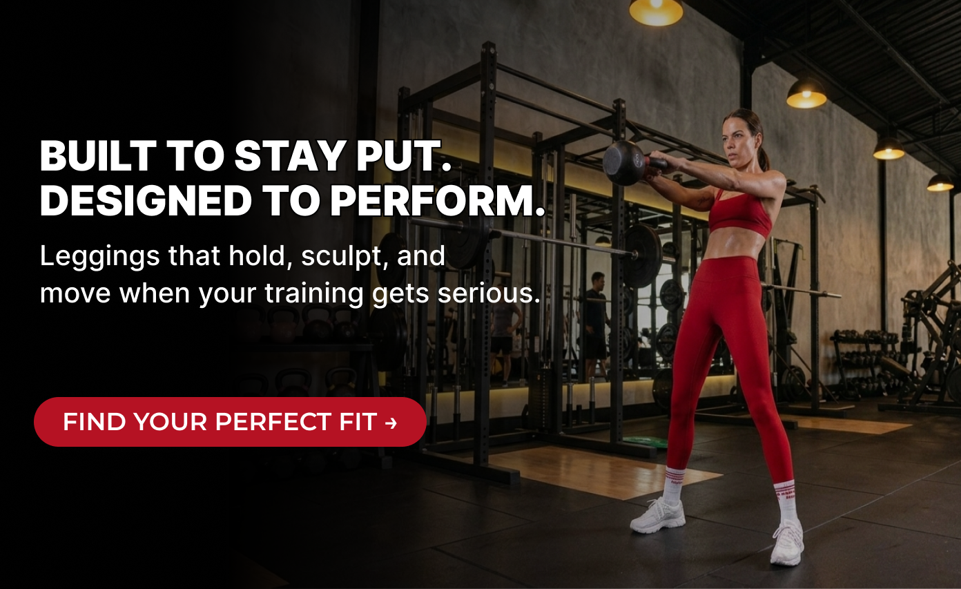 Woman in well-fitting gym leggings lifting a kettlebell