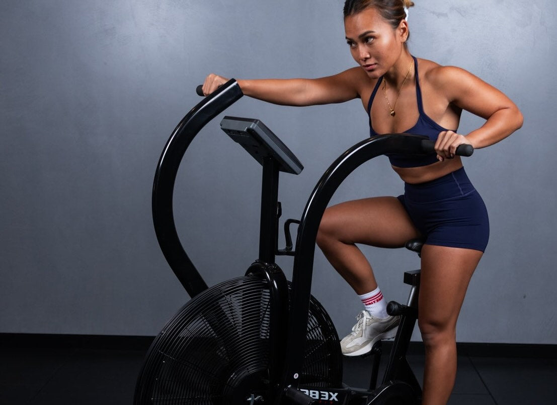 Woman wearing blue cycling shorts